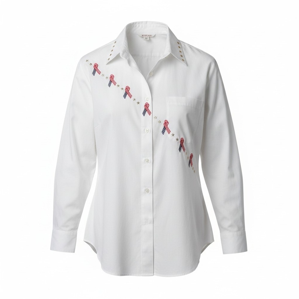 Tia Designs Vintage White Embroidered‎ Star Studded American Flag Ribbon Shirt